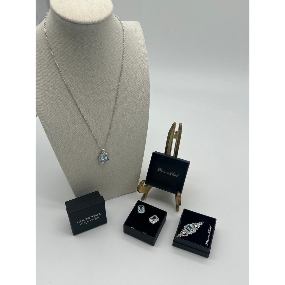 Gold Coast Platinum Plated Jewelry Set of 3 Necklace Earrings Pin Blue New